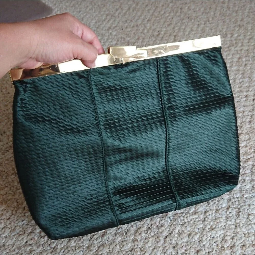 Halston Heritage foldable Frame Clutch in lux weaved green silk